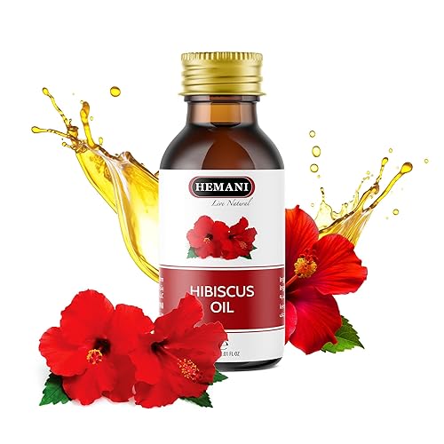 Hemani Aceite de hibisco de 1.0 fl oz, 100% puro, natural, prensado en frío, aceite esencial halal para cuidado de la piel, cuidado del cabello y