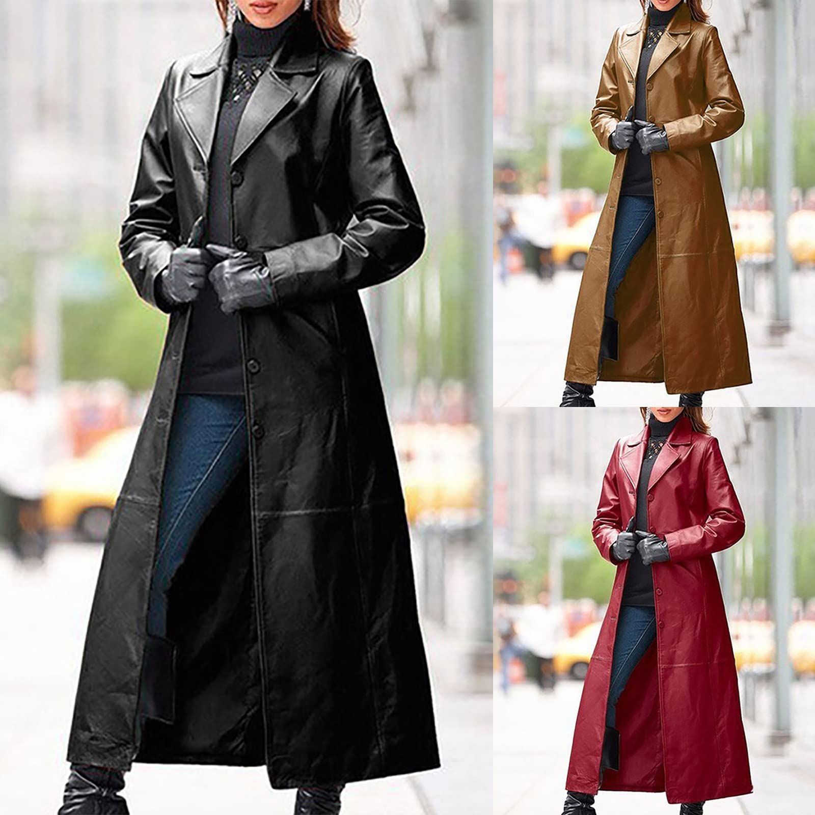 Ledermantel Damen Einfarbige Windjacke aus Kunstleder Winterjacke mit Langem Turnkragen Lässiger Langarm Leder Cardigan Gothic Übergangsjacke Warmer Oberbekleidung