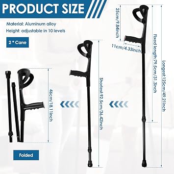 Double Adjustable Elbow Crutches for Adult 92.5-125cm, Folding Walking Crutch Set with Ergonomic Handle & Anti Slip Rubber Base & Reflective Safety Cap and Aluminum Alloy Frame for Men and Women