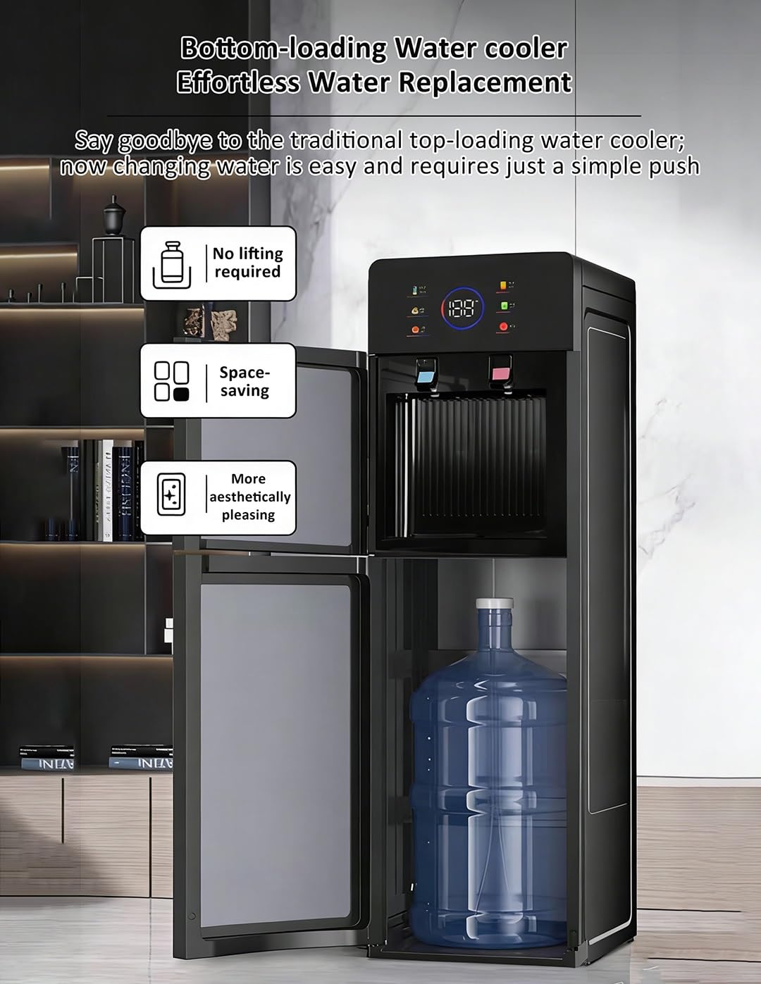 5-Gallonen-Wasserspender Mit Bodenbefüllung, Tür Aus Gehärtetem Glas Und Intelligentem Touchscreen, 5-Temperatur-Einstellung (heiß/kalt/Raum), For Zuhause Und Büro