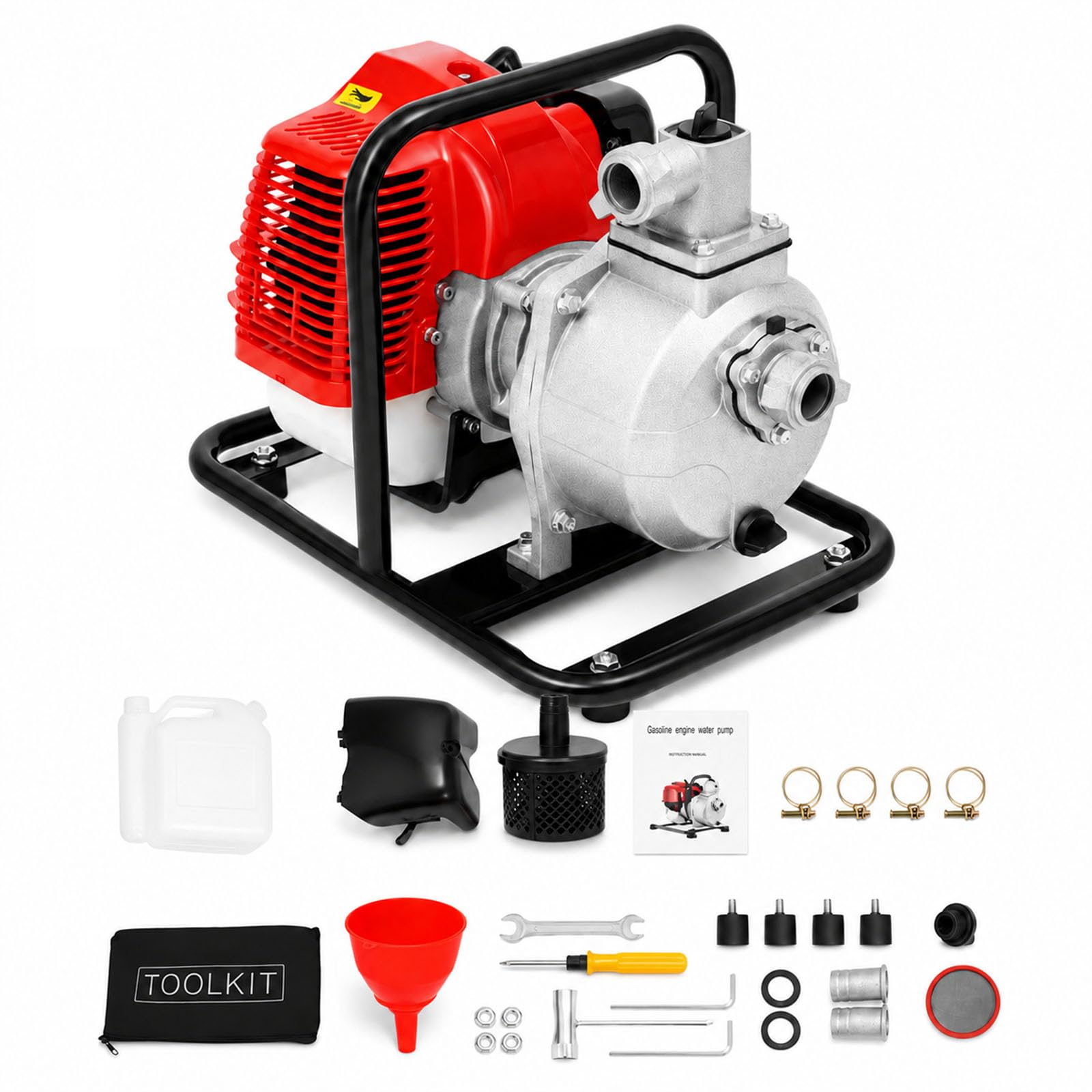 Bomba de Agua Gasolina, Motobomba de Agua a Gasolina, 1,25kW Bomba de Agua Sumergible, Motor 2 Tiempos, Motobomba para Riego y Jardín (Rojo/Negro)