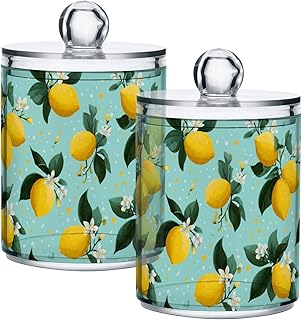Gredecor 2 Pack Qtip Holder Clear Lemon Yellow Citrus Fruits (28) Apothecary Jars with Lids Acrylic Bathroom Jars Vanity Countertop Canister Storage Organizer for Cotton Ball,Swabs,Pads,Floss