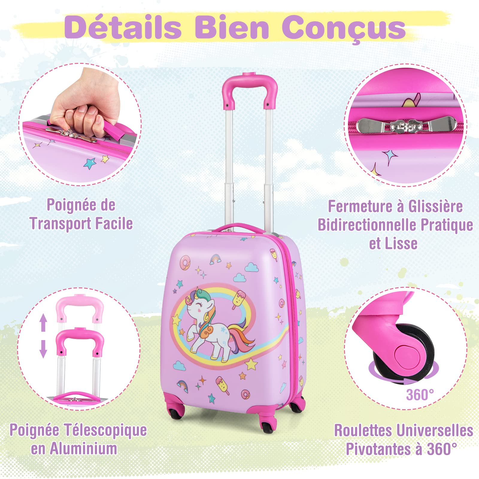 COSTWAY Valise Enfants à roulettes 16’’ & Sac à Dos 12’’ avec Poignée Télescopique, Bagage Enfants avec Motif Voiture d'avion, 4 Roues Rotatives, Lot de 2 Valise pour Fille Garçon(Licorne)
