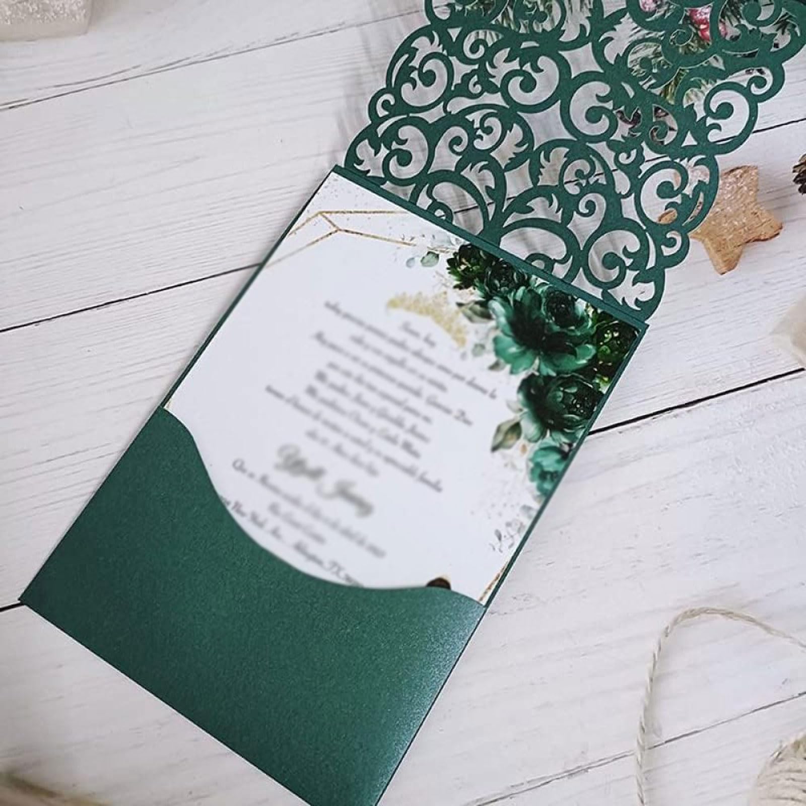 50 Set Scheda di invito Verde Tasca Smeraldo con Perla e Busta Fai -da -Te Stampa Personalizzata Taglio Glossy Dolce 15 inviti (Set Intero)