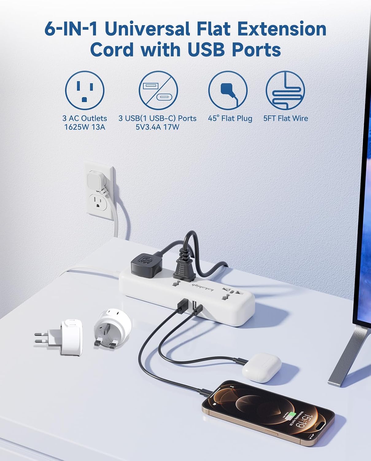 European Travel Plug Adapter Kit with USB Ports, Universal Extension Cord 5 FT, USA to European, UK Plug Adapter for Travel & Life, Accepts Type A/B/C/D/E/F/G/H/I/J/K/L/N/O Plugs, Not A Converter