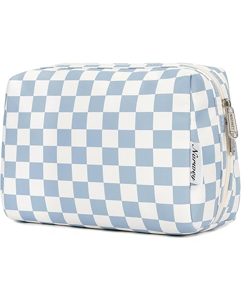 Narwey Checkered Makeup Bag Travel Cosmetic Bag Organizer Toiletry Bag Make Up Bags with Compartments for Women Girls((Large, Sky Blue Checkerboard)