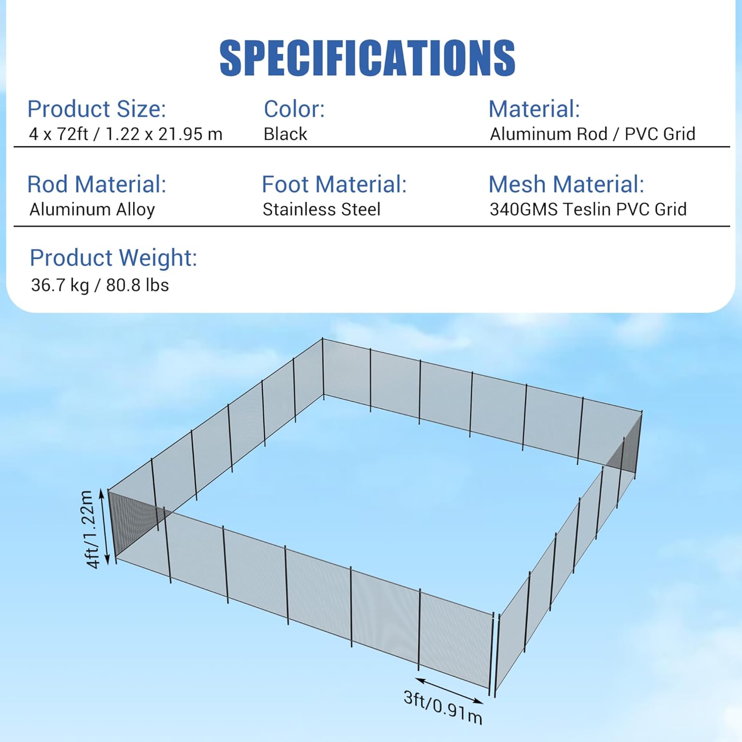 4x72 FT Pool Safety Fence, No-Drill Temporary Fencing for Inground & Above Ground Pools, Tool-Free Removable Mesh Barrier with Stainless Steel Legs, Child & Pet Safety Guard for Backyard