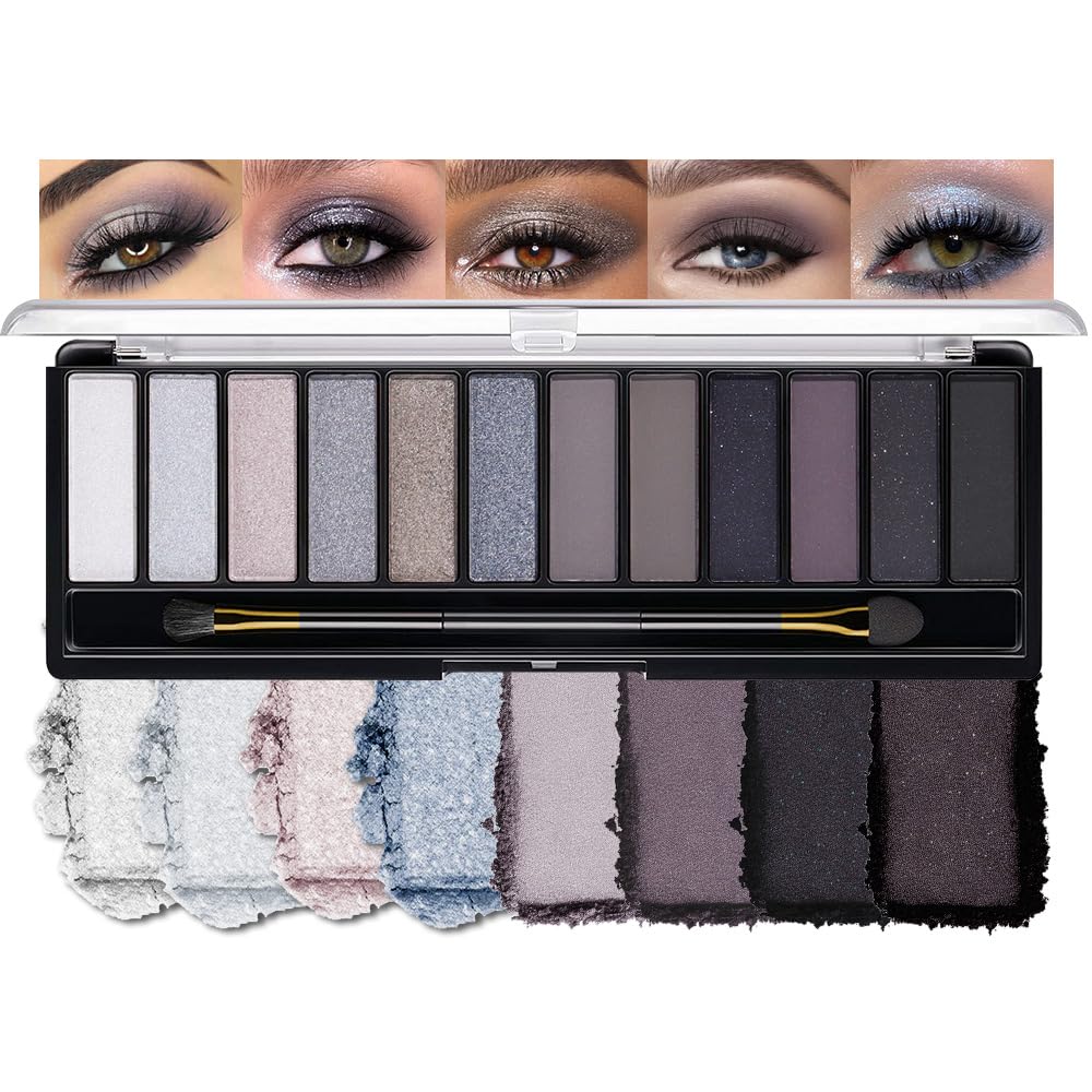 12 Colors Cool Tone Eyeshadow Palette – Matte, Shimmer & Glitter Gray Blue Eye Makeup Kit – Smokey Plum, Taupe, Lavender, Silver & Midnight Blue Shades – Waterproof, High Pigment Palette for Women 03#