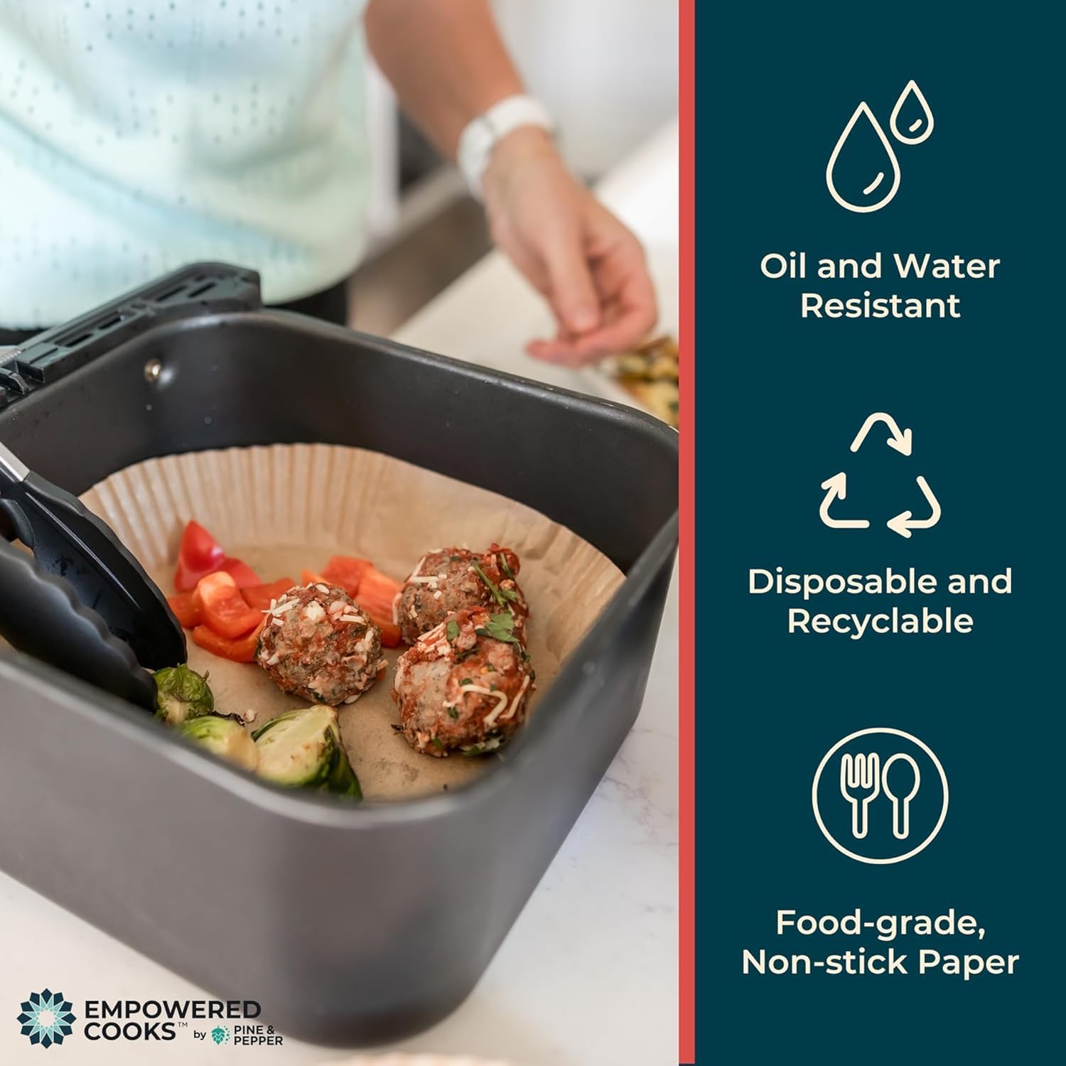 Cathy Yoder's AirFryer Paper Liners, 125 PCS 8-inch Square Air Fryer Liners Disposable, Premium, Food-Grade Easy Cleanup Air Fryer Parchment Paper Sheets, Airfryer Liner for 5-8QT, Baking & Roasting - Image 4