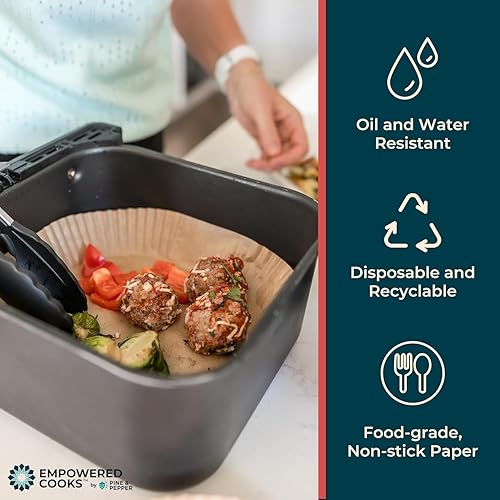 Miniatura 4 de Revestimientos de papel para freidora de aire de Cathy Yoder, 125 piezas de 8 pulgadas cuadradas, Revestimientos desechables de alta calidad para