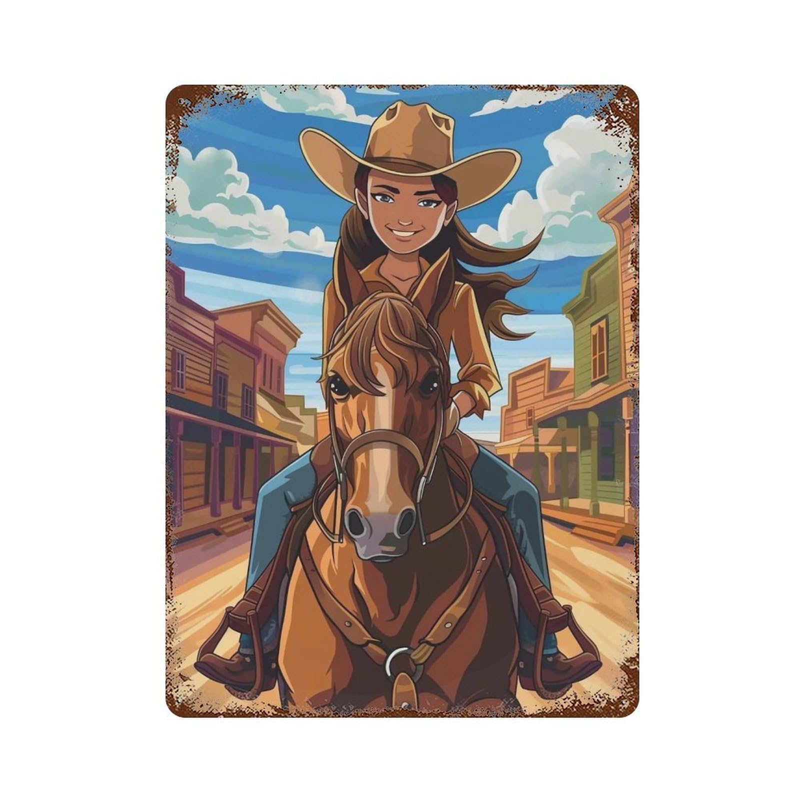 YHGERTKU Happy Cowgirl Riding Horse 01 Wall Art Retro Iron Vintage Metal Tin Sign Poster Modern Decor for Living Rooms Gift 40x30cm