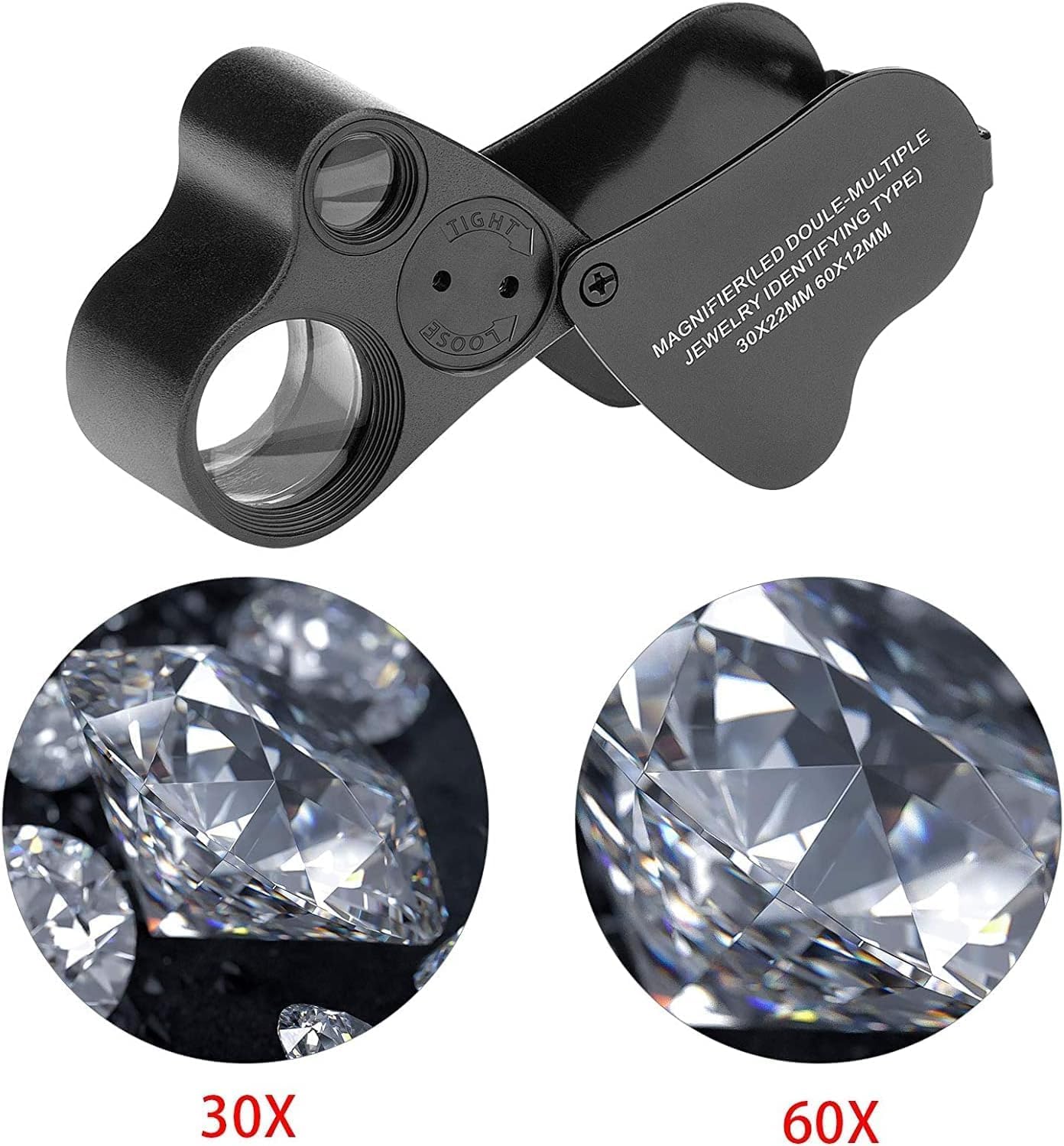 High Accuracy Diamond Tester Jewelry Diamond Detector Gem Diamond Tester Pen 30X 60X Illuminated Eye Loupe Mini Led Foldable Magnifying Jewelry Distinguish Tool (Black Tester, Black Loupe)