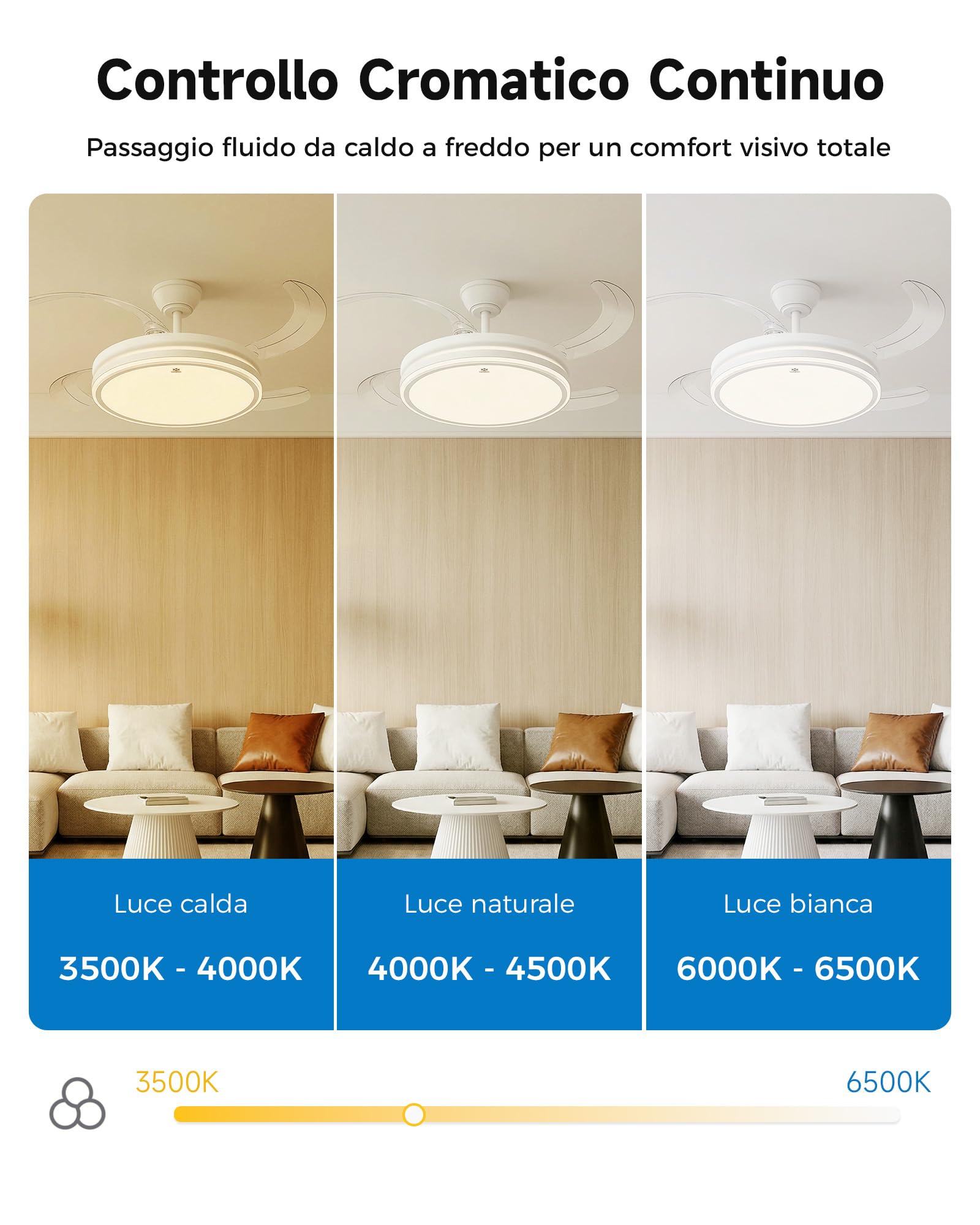 WOOX Ventilatore da Soffitto con Luce, 107cm Lampadario Ventilatore DC | 4 Pale Retrattili Invisibili, LED 50W Dimmerabile (CCT), 6 Velocità, Silenzioso, Estate/Inverno, Telecomando
