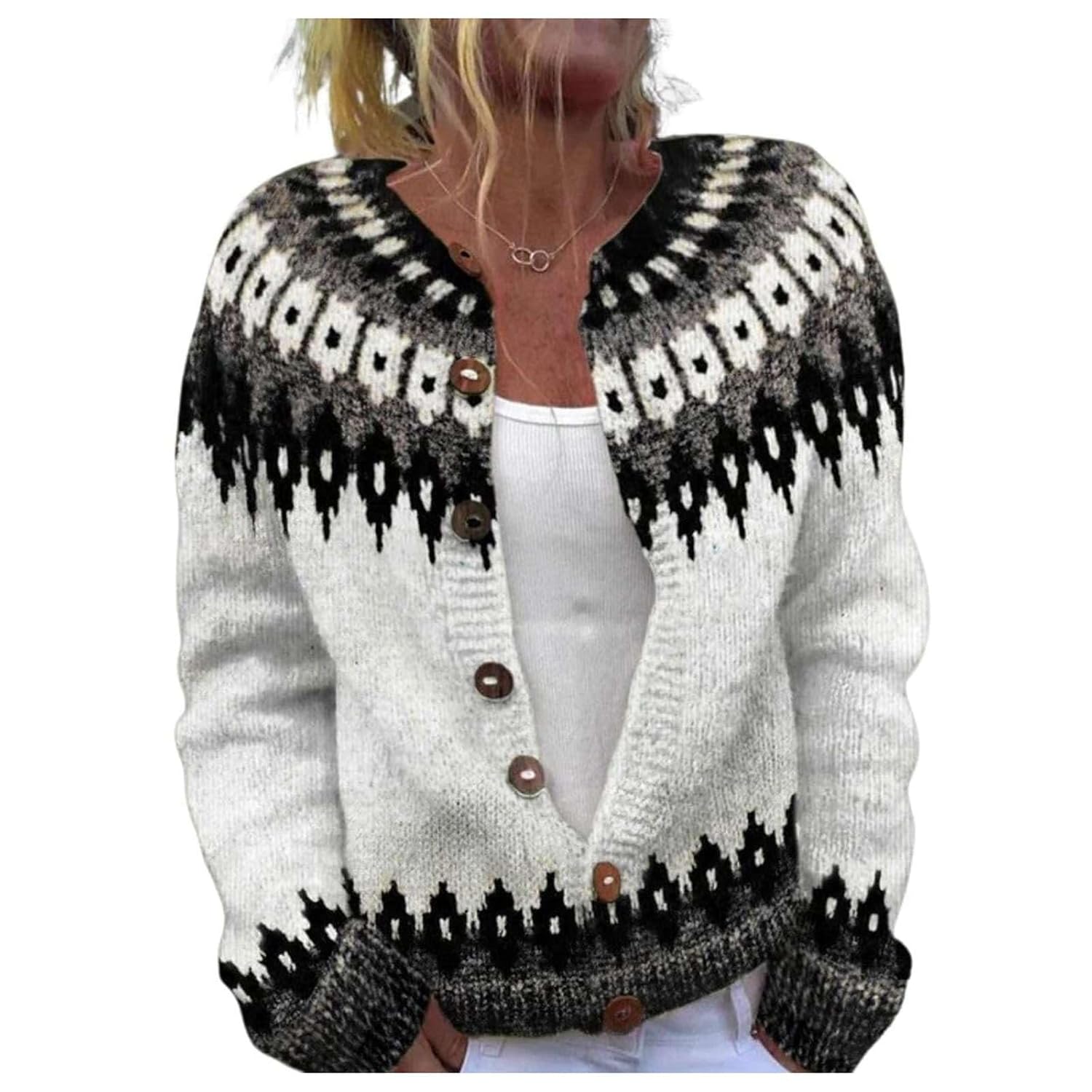 Ladies Fair Isle Cardigan Jumper Long Sleeve Oversized Knit Crewneck Jacket Button Up Winter Retro Coat