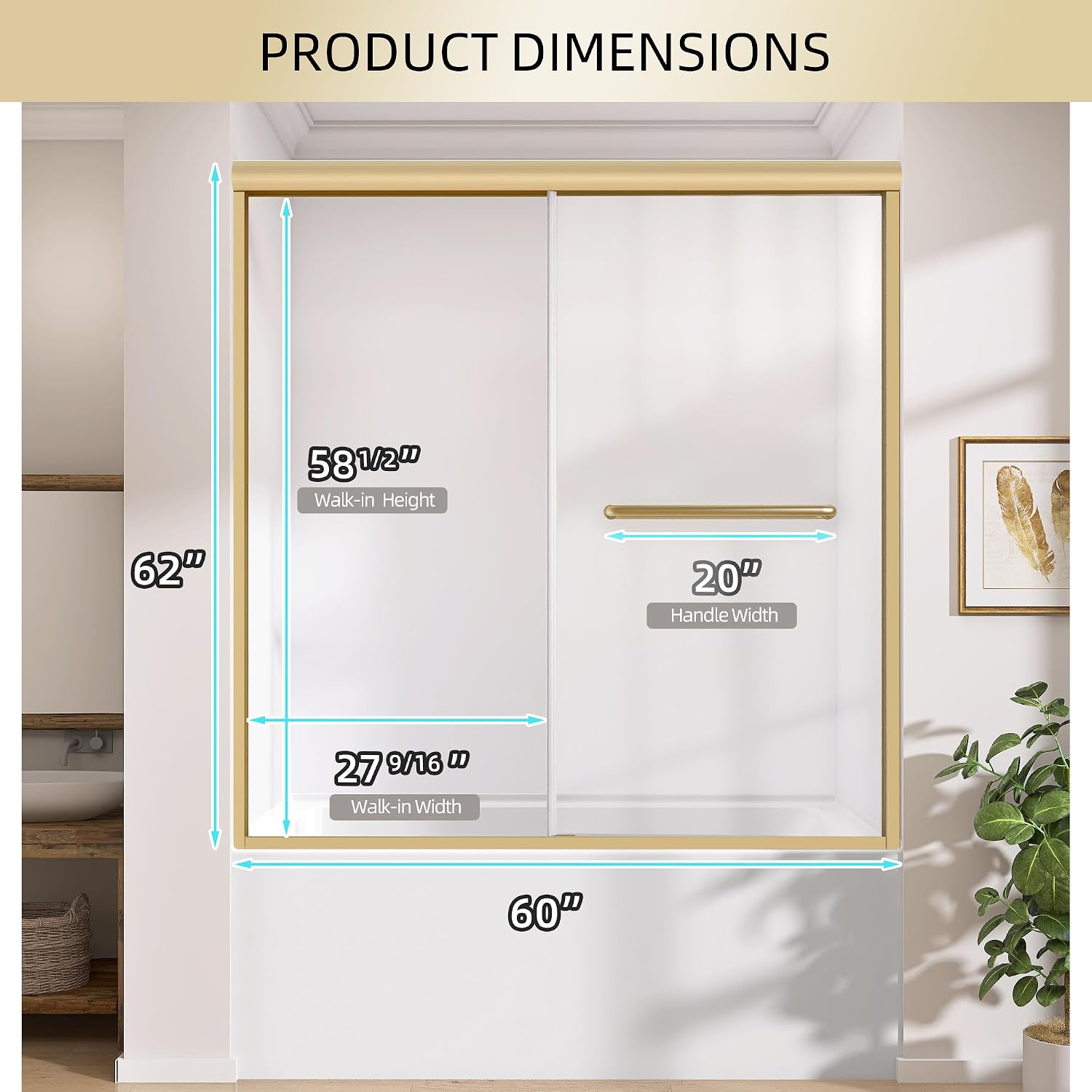 GETPRO Tub Shower Door 56-60 in. W x 62 in. H Framed Bathtub Shower Door for Bathroom, Double Sliding Bypass Glass Shower Doors for Bath Tub with 5/16 inch Tempered Glass Brushed Gold Hardwares