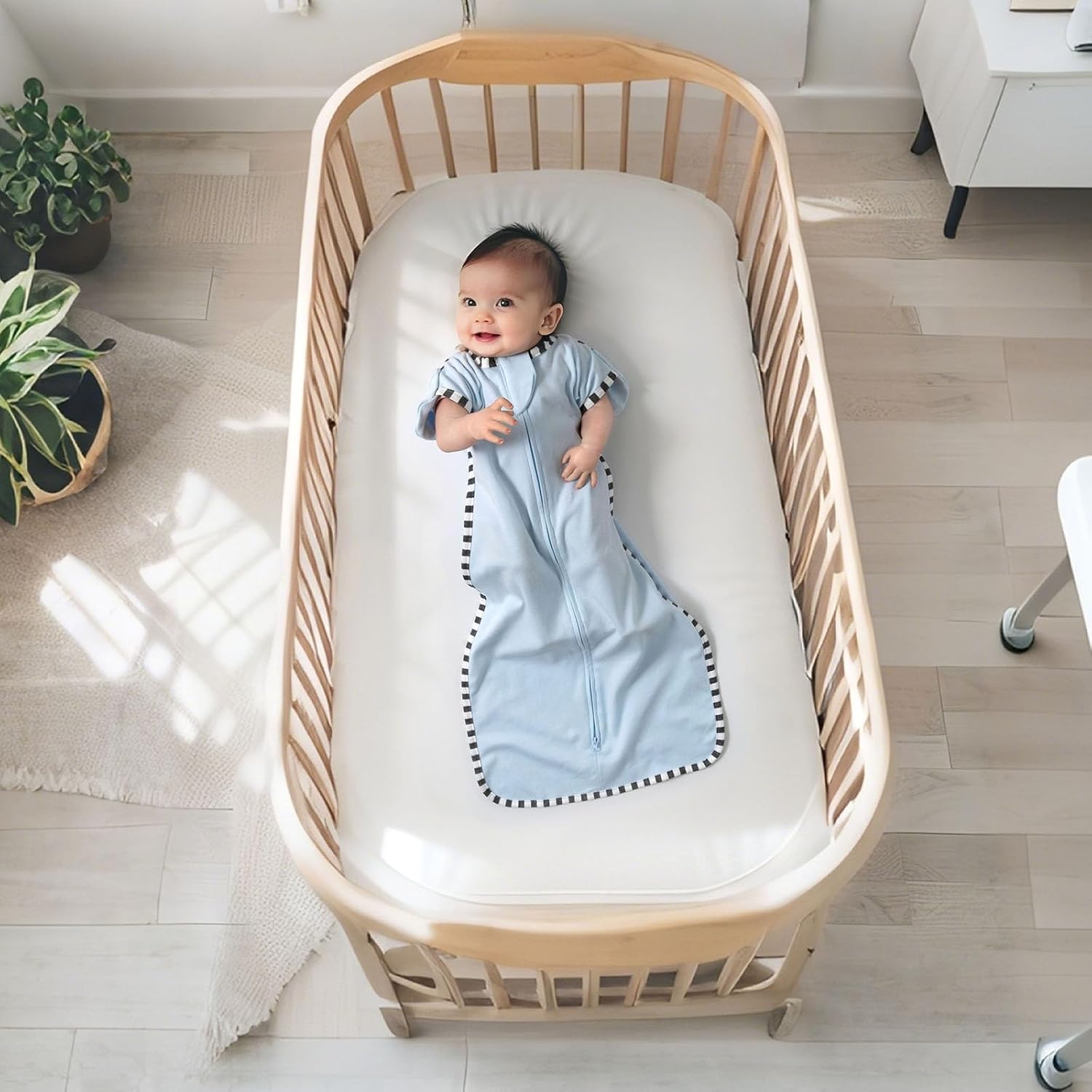 Transition Swaddle, 2 Pack 100% Cotton Baby Sleep Sack, 2-Way Zipper Infant Arm Up Swaddle for Newborn Baby Boys Girls (Blue + Green, L(6-9 Months))