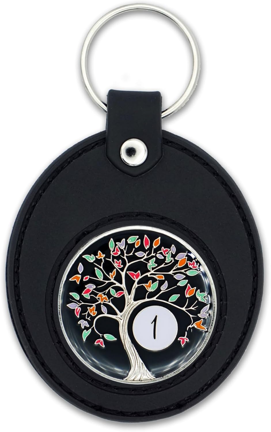 The Token Shop 1 Year Tree of Life Sobriety Chip with Black AA Coin Holder Keychain Set