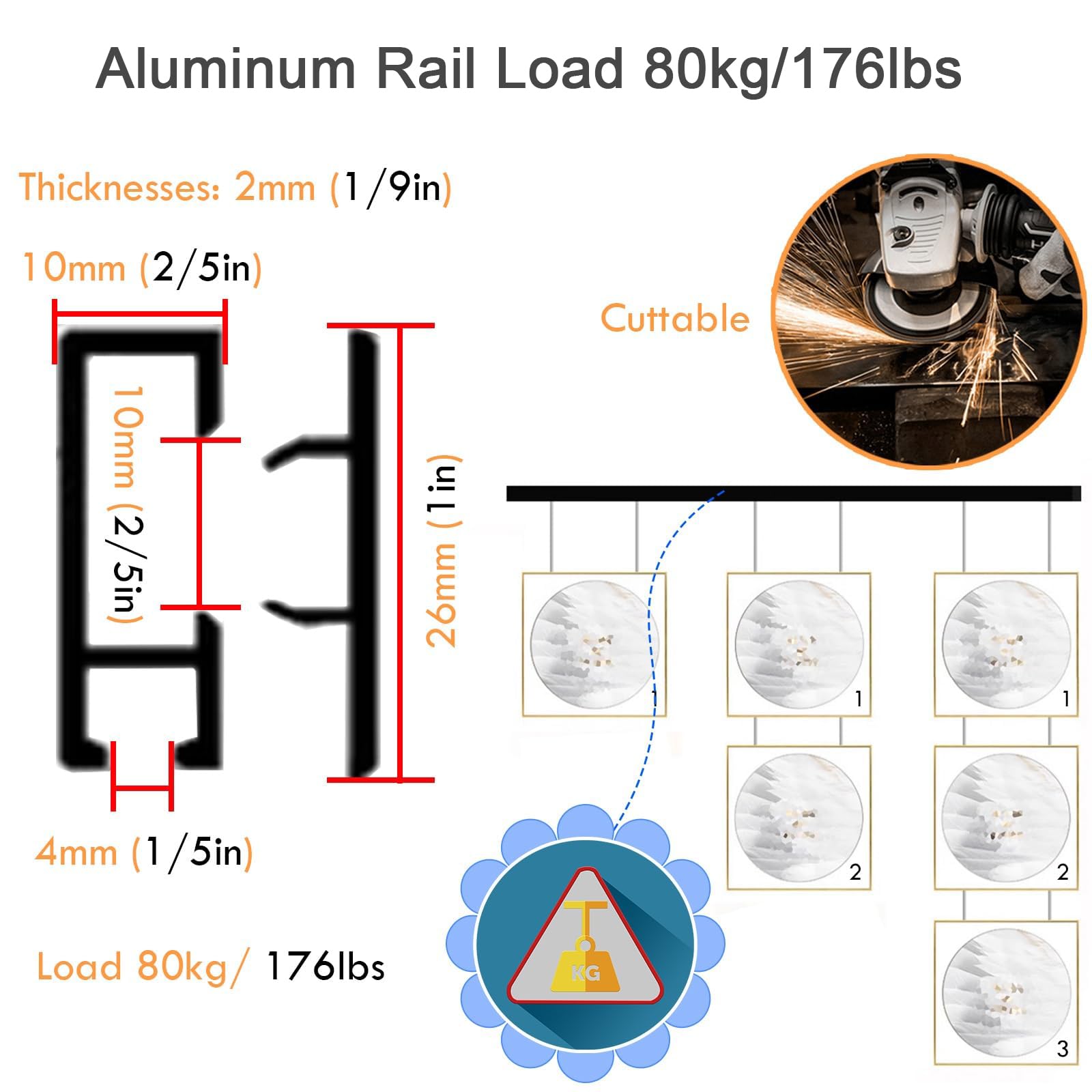 Tiras para Colgar Cuadros En La Pared, Kit con Cable De Acero, Longitud del Riel: 0,8-1,5 M, Altura: 100-300 Cm, Carga Máxima: 80 Kg, para Paredes De Pósteres Y Pinturas.,1.5m/4.9ft,80cm
