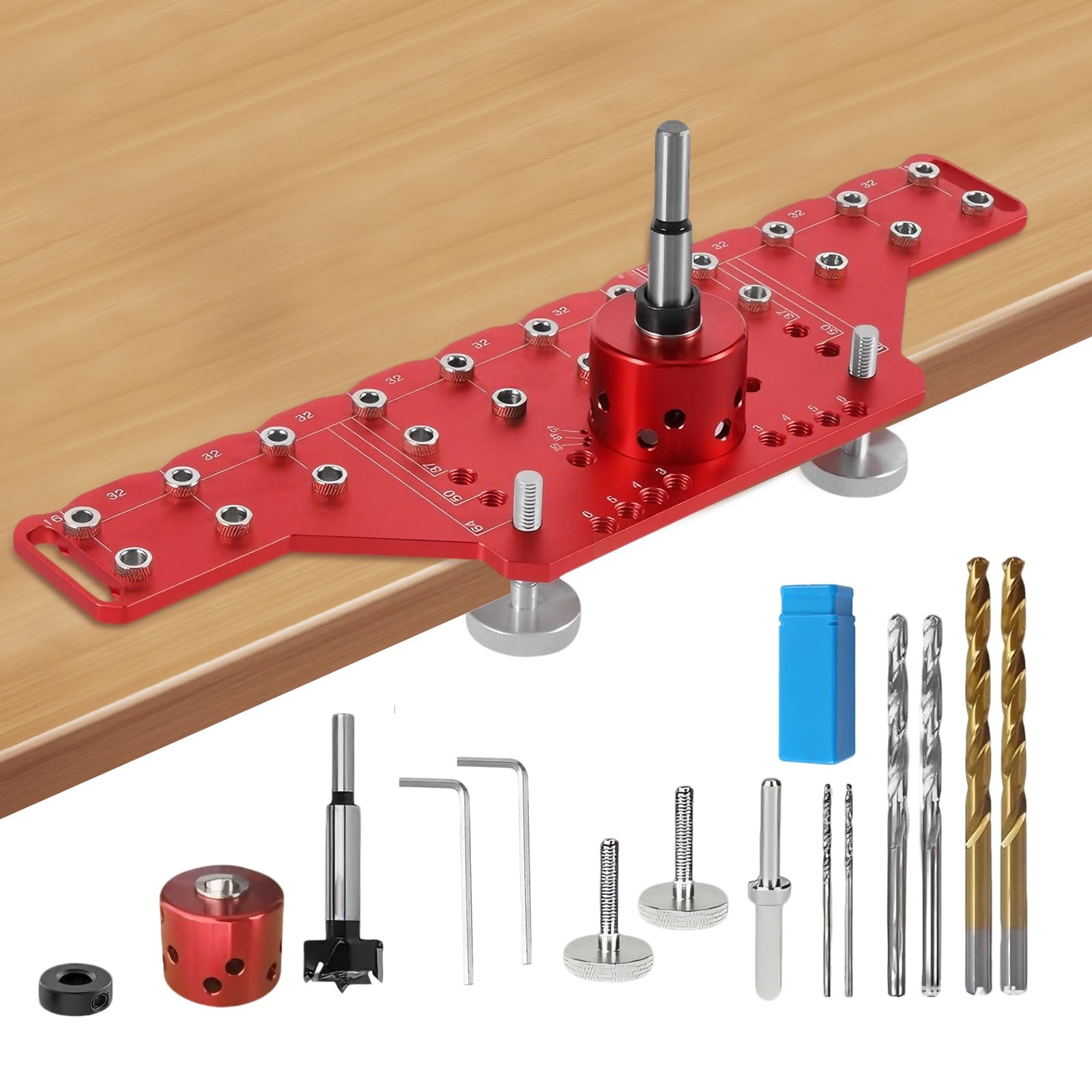 Regalstiftvorrichtung, 2 in 1 Scharniervorrichtung, Aluminium-Bohrführung mit 5mm, 1/4 Zoll Bohrern, 35-mm-Lochöffner, Selbstgeschlossene Klemmfunktion für Heimwerker, Holzbearbeitung Renovierungen
