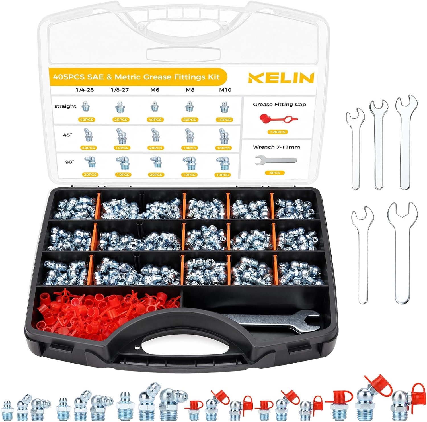 KELIN 405PCS Grease Fittings Kit, SAE & Metric Grease Fitting Assortment with 1/4" 1/8" NPT & M6 M8 M10 Straight 45° 90° Zerk Fittings, Caps and Wrenches (7-11mm) for Grease Gun