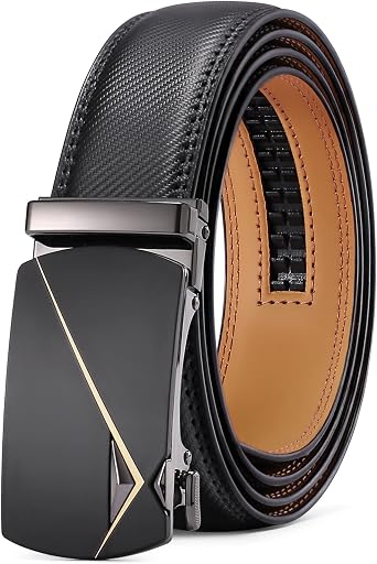 SENDEFN Leather Belt for Men Automatic Ratchet Buckle Slide Dress Casual Belts 1 3/8 Wide Adjustable Trim to FitBlack-20