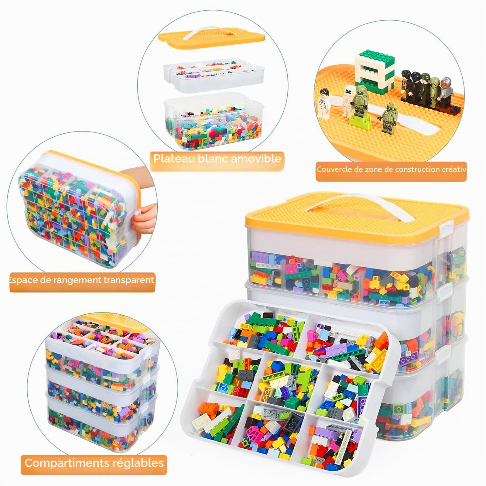 Boite Rangement, Boite de Rangement, Boite de Rangement Empilable, Coffre a Jouet, 3 Niveaux Boite Rangement Plastique, Boite Rangement Plastique avec Couvercle pour Blocs de Construction
