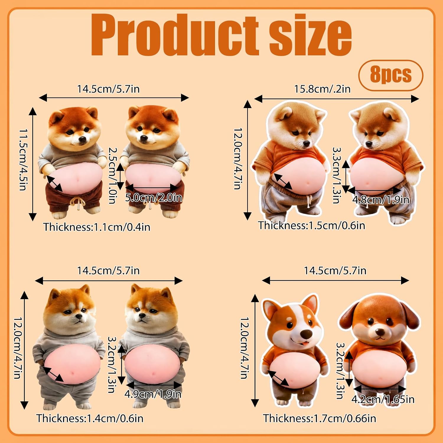 Squeeze Belly Sticker, 8 PCS Cute Squishy Dog Belly Sticker Stress Relief Fidget and Car Door Protector, Anti-Collision Stickers, Cute Shiba Inu Design for Home and Office Decoration image 2
