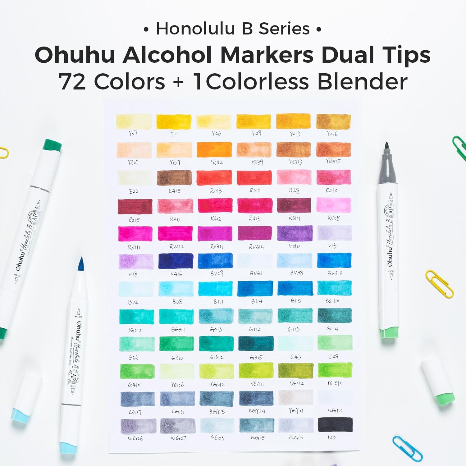 Ohuhu Alcohol Markers Brush Tip - AP Certificated Double Tipped Art Marker Set for Artist Adults Coloring Illustration- 72 Colors - Refillable - Fine and Brush Dual Tips - Honolulu B of Ohuhu Markers