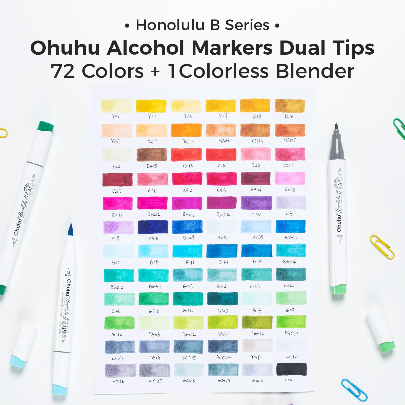 Ohuhu Pennarelli ad Alcool 72 Colori, Pennarelli da Disegno Doppia Punta (Pennello e Punta Fine), per Artisti Adulti Colorazione e Illustrazione, 1 Miscelatore Omaggio