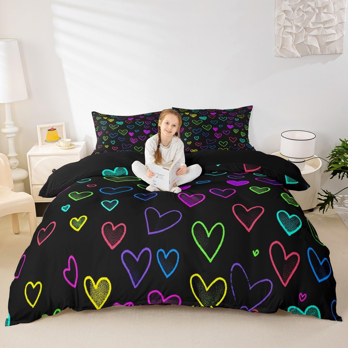 Erosebridal Glowing Hearts Comforter Cover Full Rainbow Neon Lights Bed Set, Blue Pink Love Heart Duvet Cover Black Green Teal Bedding Set, Romantic Valentine's Day Gift Bed Cover (Zipper Closure)