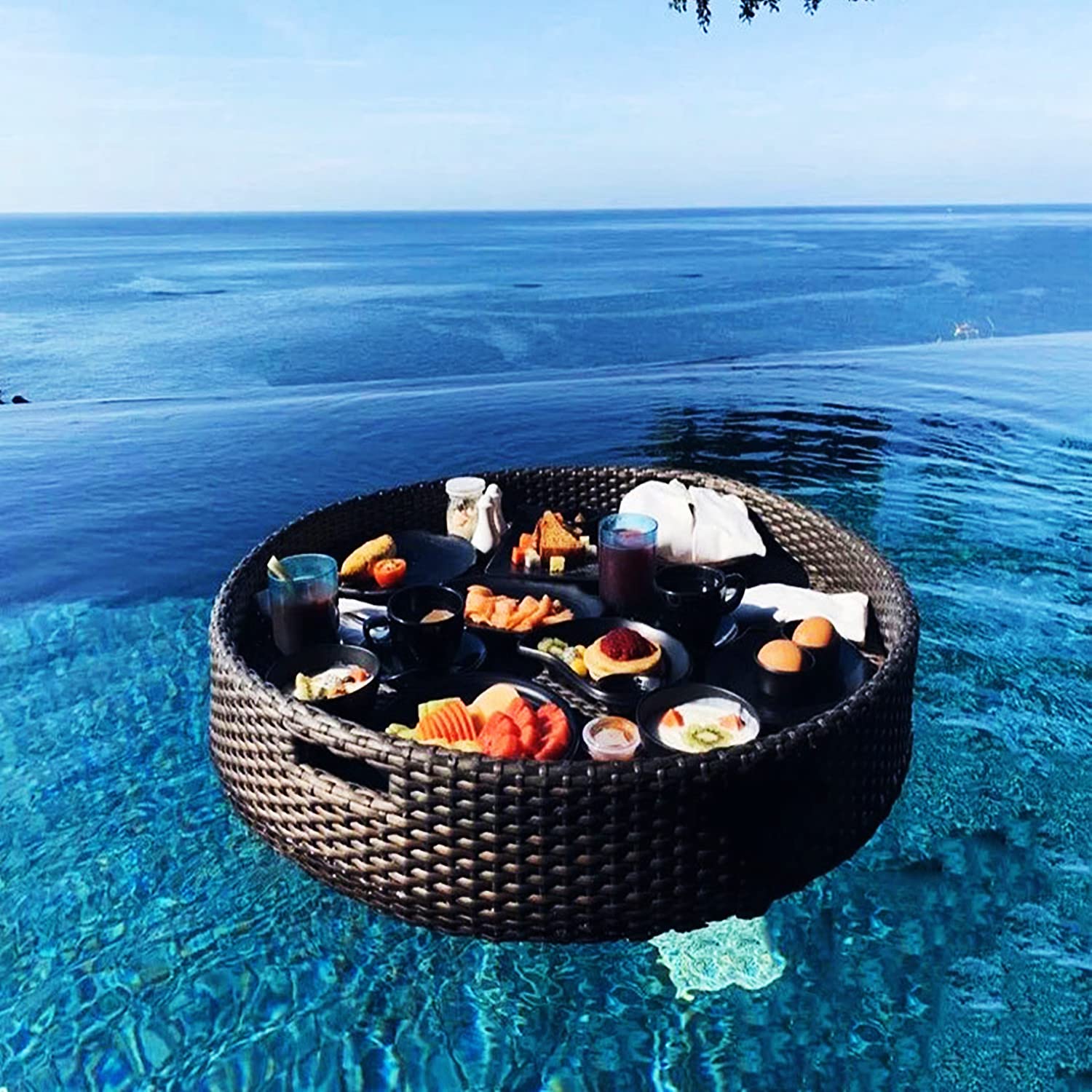 Bandeja Flotante para Desayuno para Piscina, Mesa de ratán, Bandeja Tejida para Servir, Soportes para Bebidas, flotadores de Piscina para Adultos, para Bancos de Arena, spas, baños y Fiestas, fot
