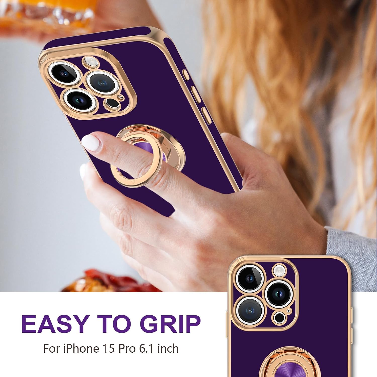 Hython for iPhone 15 Pro Case with Ring Stand, 360° Rotatable Ring Holder Magnetic Kickstand, Plating Rose Gold Edge Soft Cover Luxury Protective Phone Case for iPhone 15 Pro 6.1"?, Dark Purple Dark Purple Iphone 15 Pro - 6.1 Inch