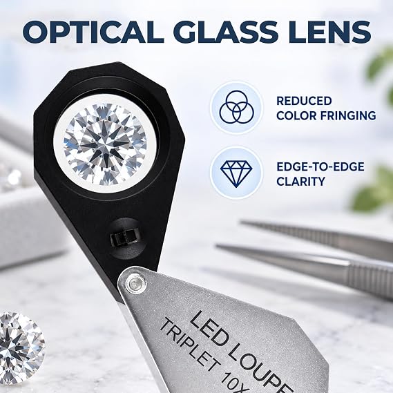 10X Jeweler Loupe Magnifier with 6 LED Lights, 21mm Triplet Optical Glass Lens, Foldable Lighted Jewelry Magnifying Tool with Carrying Case for Gems, Diamonds, Coins and Watches