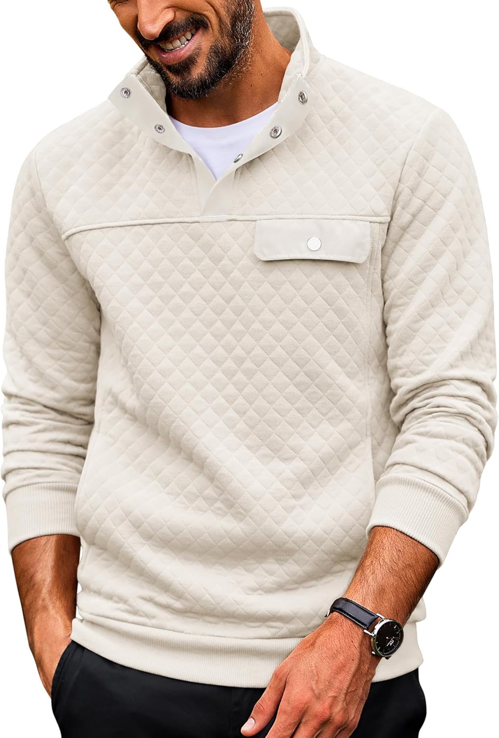COOFANDY Quilted Sweatshirts for Men Quarter Button Pullover Sweatshirt Stand Collar Outdoor Polo with Pockets