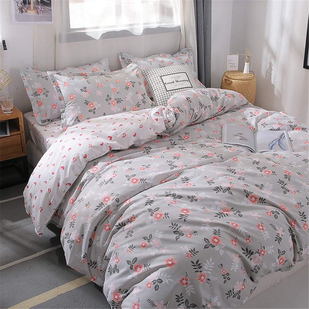 Odot Juego de Ropa de Cama de 4 Piezas, Nórdico Estampado Funda de Edredón, Funda Almohada y Sábana Microfibra Poliéster Tela Suave Respirable Hipoalergénico (180×220cm,Pétalos Grises)