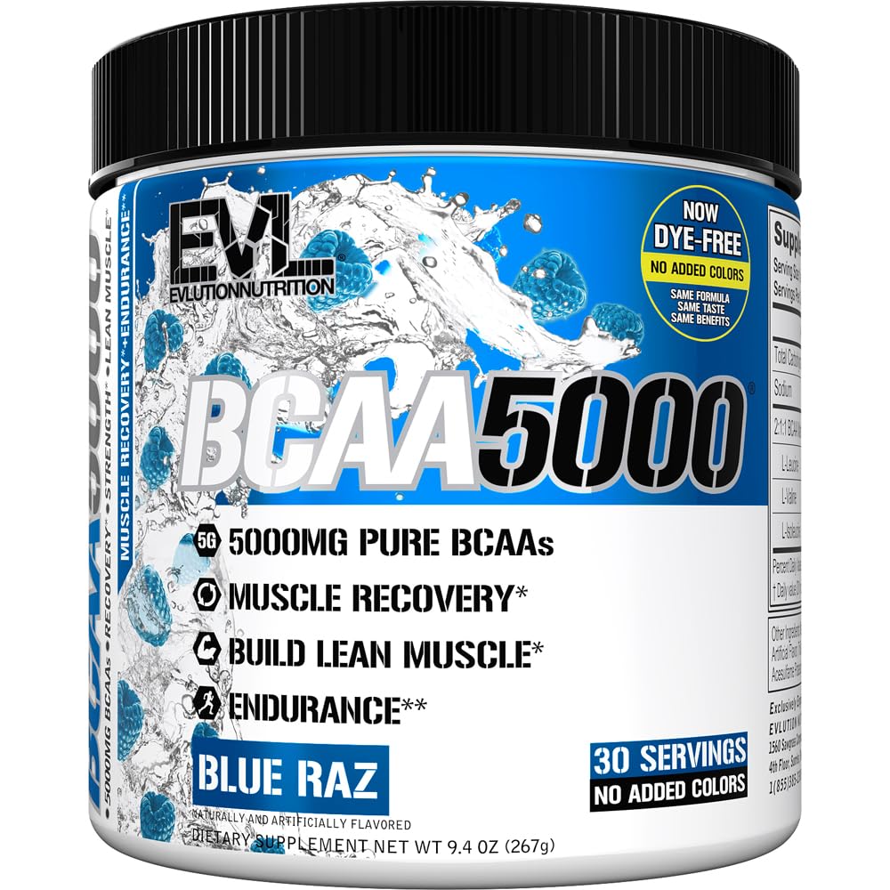 Evlution EVL BCAA5000 - Stim Free Amino Acids Powder - Blue Raz (Dye Free) 9.4 Ounce (Pack of 1)