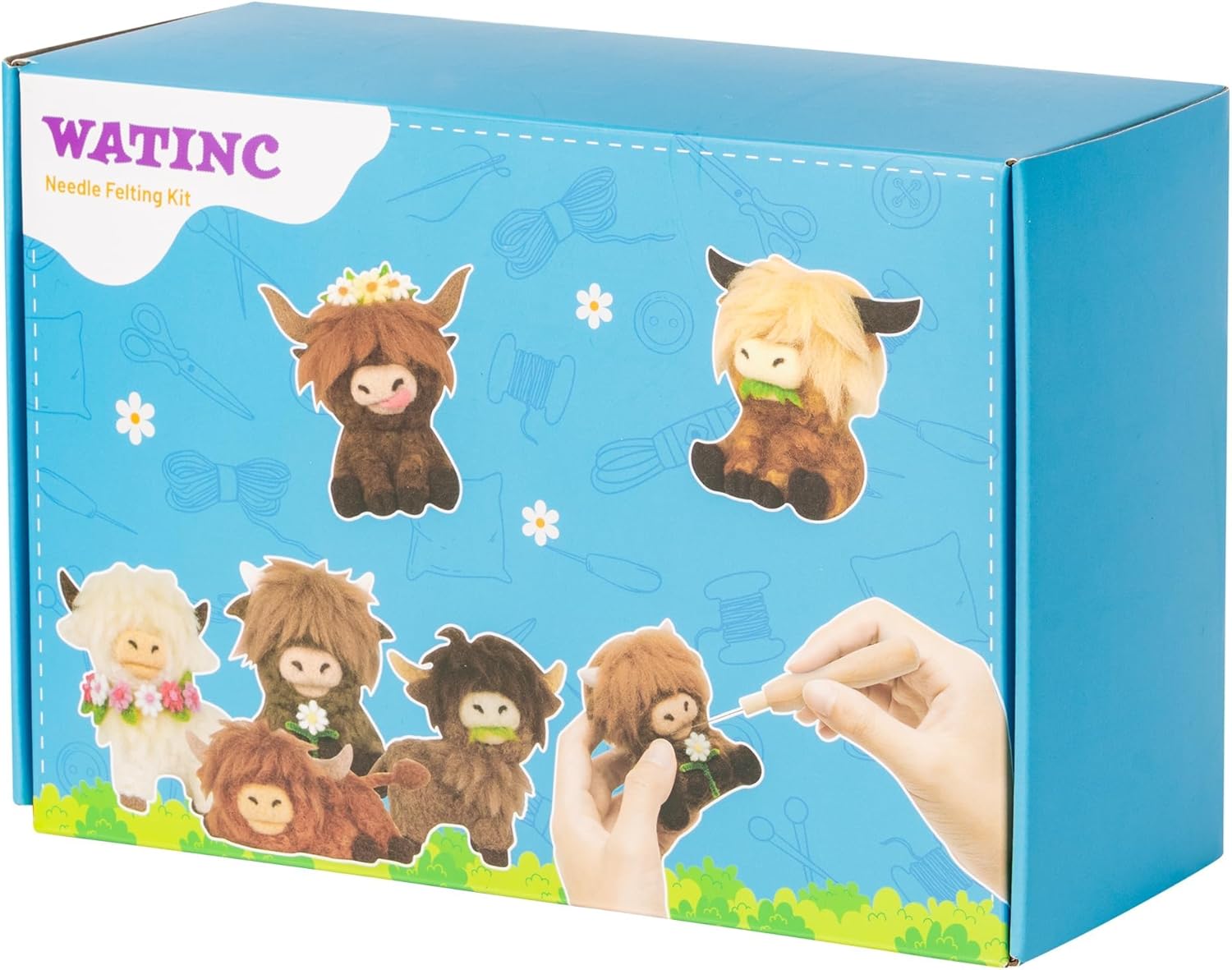 WATINC Highland Cow Needle Felting Kit - Set of 10 Different Highland Cow Doll Wool Felt Needle Felting Tools Foam Pad, DIY Home Decoration Needle Felting Craft Party Supplies for Beginners (30Pcs)