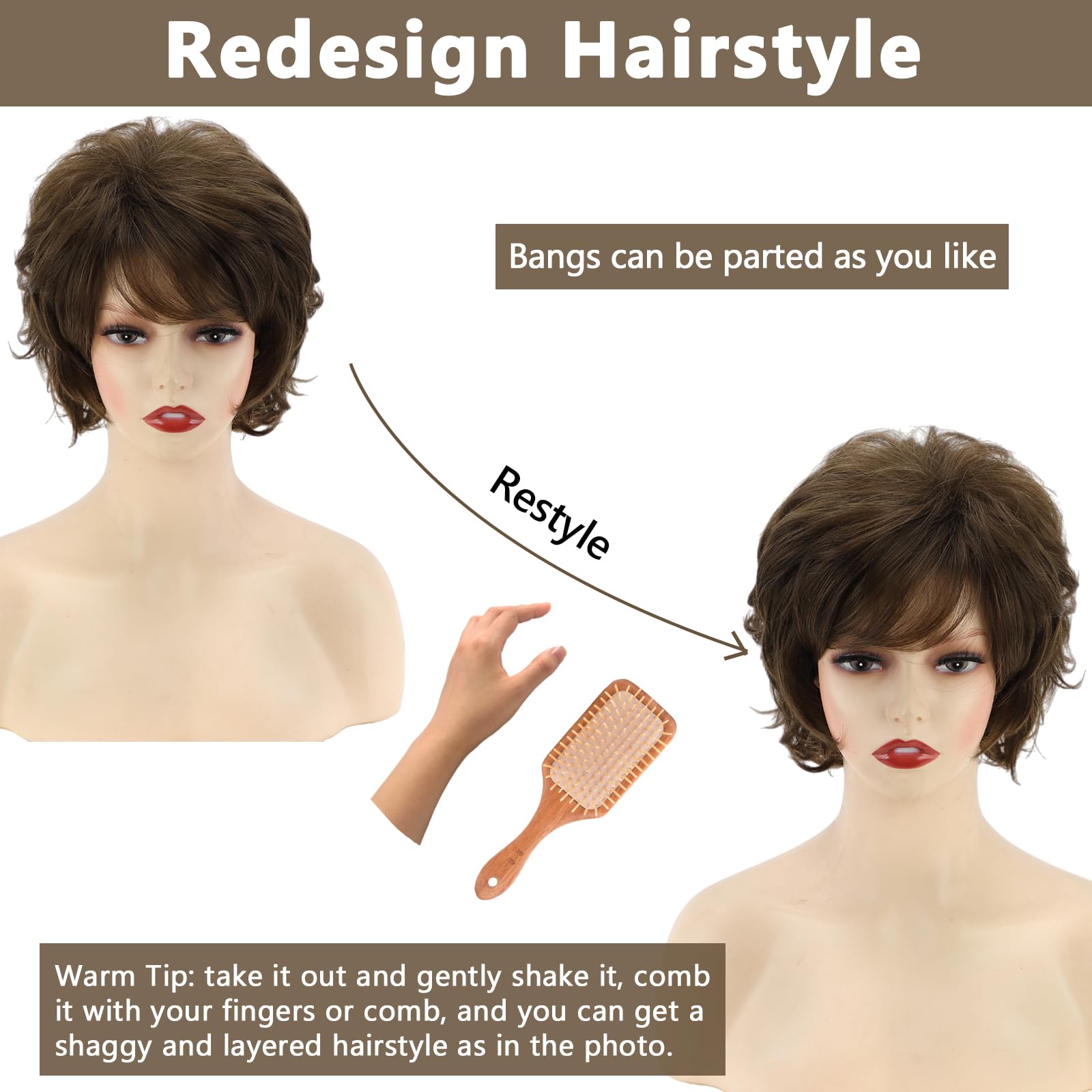 Short Curly Pixie Cut Wig with Bangs Synthetic Shaggy Full Hair Wig Razor Cut Shag Wig by TressAllure | Heat Resistant main image 2