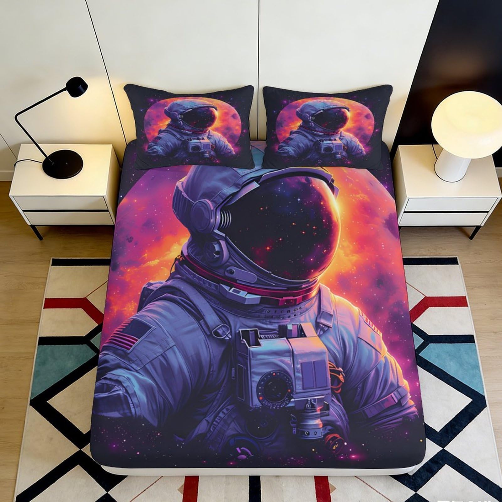 3D Printed Astronaut Galaxy Fitted Sheet Microfiber Soft Durable Cosmic Nebula Bed Cover for Bedroom Dorm Dormitory Guest Room Mattress Protection 180x200x25cm