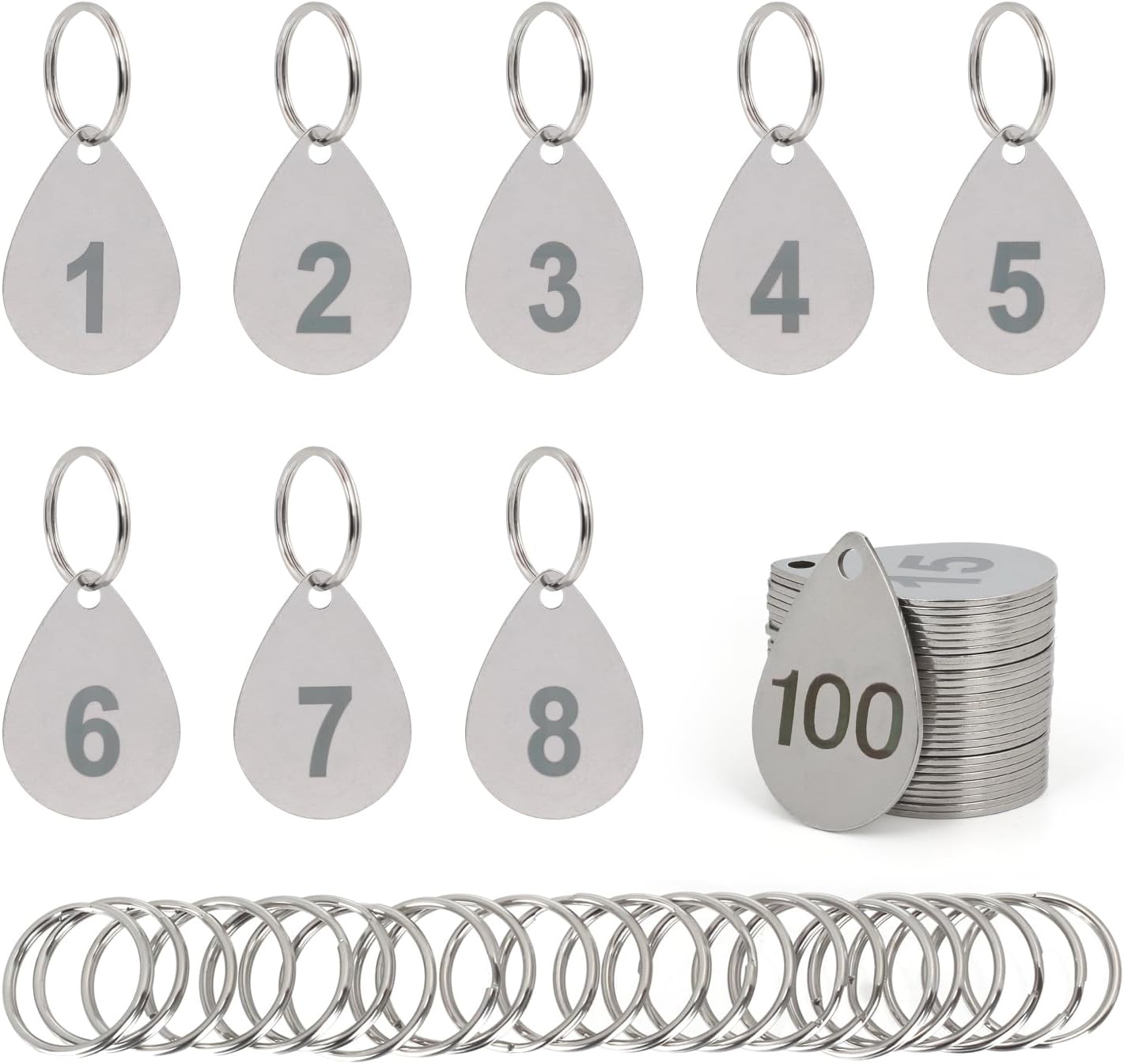 Numbered Key Tags with Rings, Water Drop Shape 304 Stainless Steel Metal Number Tags, Keychain ID Labels - 1 to 100