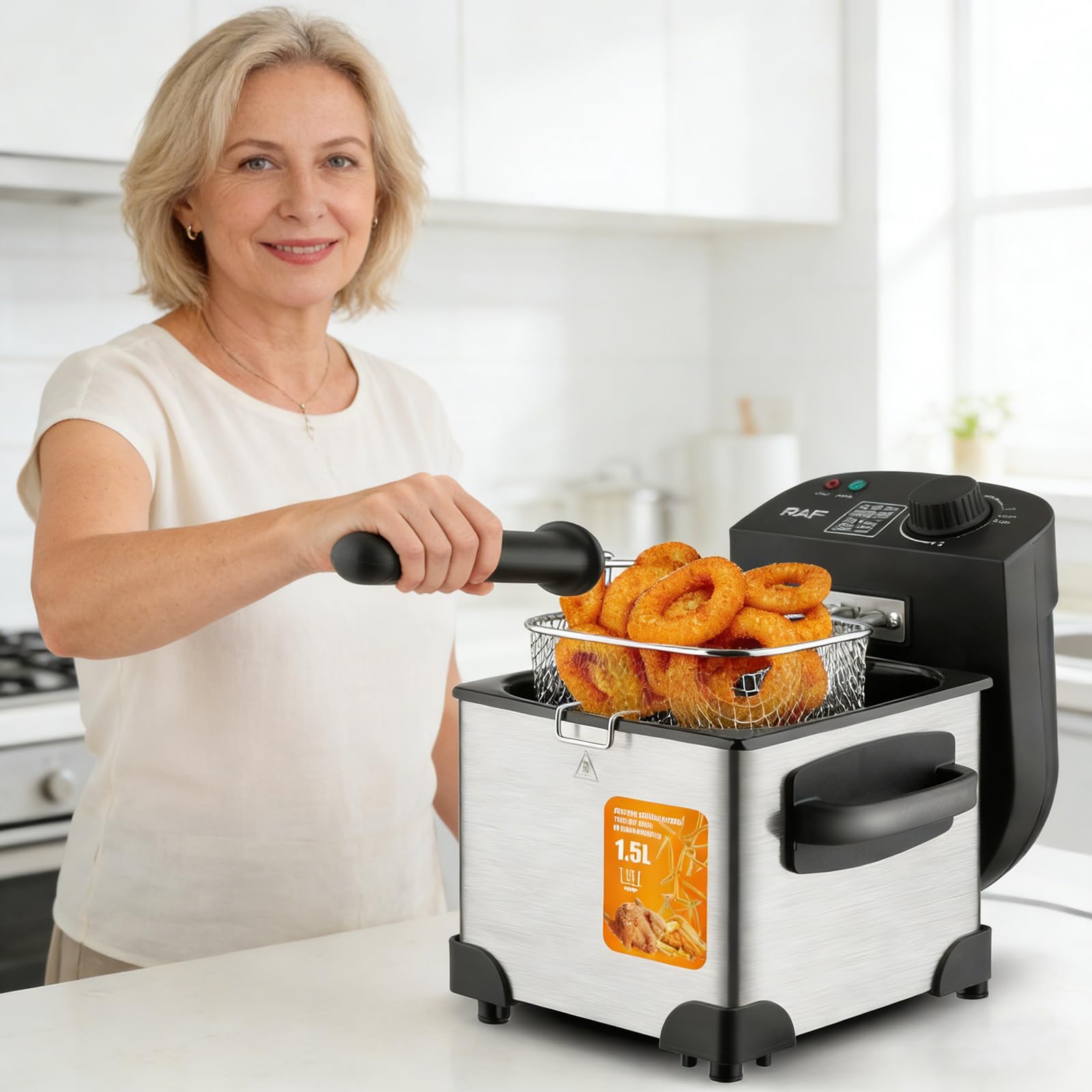 Freidora Eléctrica de Acero Inoxidable de 1,5 L y 2000 W con Guantes Resistentes, Cesta Para Freír, Temperatura Ajustable, Fácil de Limpiar y Protección Para Patatas Fritas y Donas