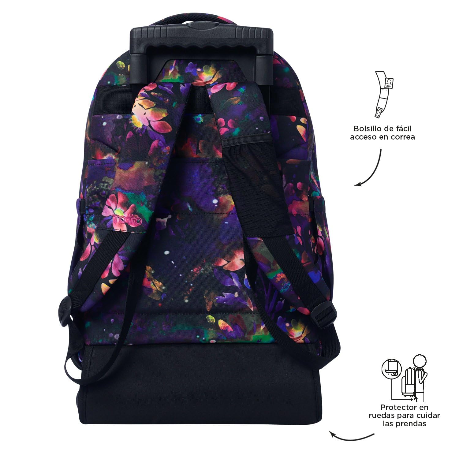 TOTTO - Mochila Escolar con Ruedas, Modelo Renglones, Capacidad 26,21 Litros, Bolsillo para PC 14", Bolsillo Botella, Correas en S para Mayor Comodidad, Resistente, Estampado Flower Galaxy
