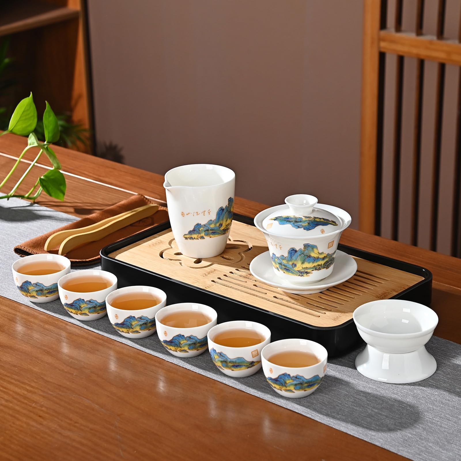 Chinesisches Teeset Traditionelles Chinesisches Kung-Fu-Teeset für Erwachsene, Gaiwan Teeset mit 6 Tassen (QLJS Gaiwan6)