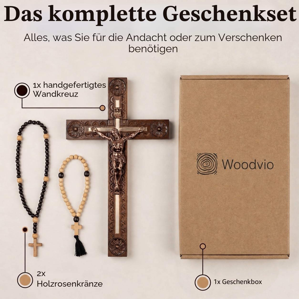 Woodvio - Handgefertigtes hölzernes Wandkreuz, Handgeschnitzte Oberfläche, katholisches Kruzifix