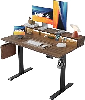 Agilestic dark walnut electric standing desk with shelf and power hub