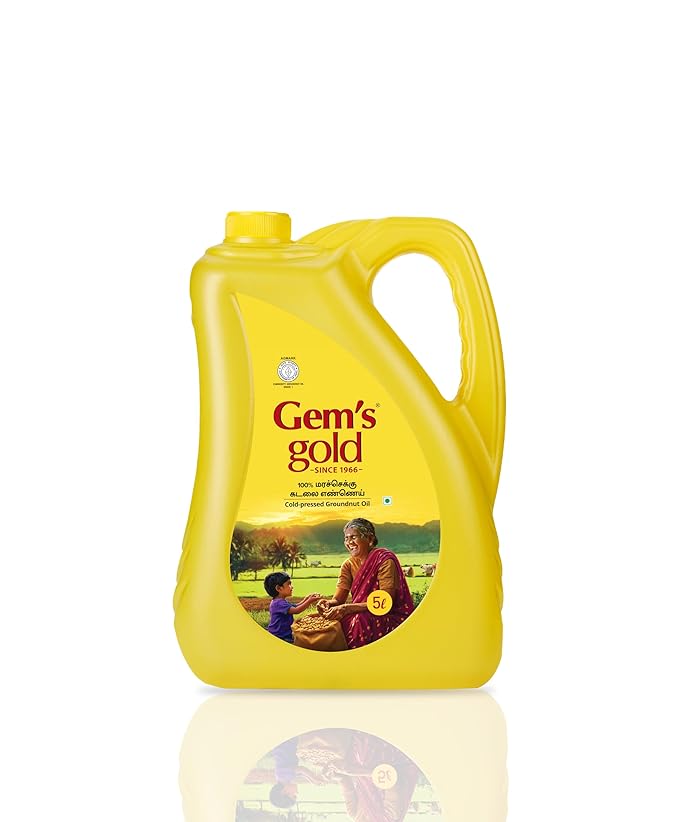Gem's Gold Cold pressed Groundnut Cooking Oil | Peanut Oil | Marachekku, Chemical Free, Kacchi Ghani, Chekku | Smart Bottle (5 Litre)