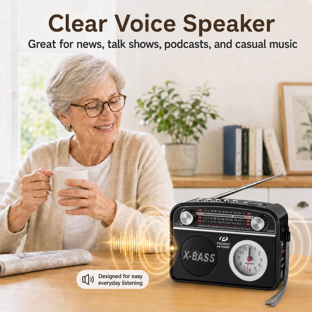 Portable AM/FM Radio with Bluetooth, Vintage Style Emergency Radio with Clock & Flashlight, Battery Powered Radio Supporting USB/TF Playback, for Camping & Backup Use (Black)