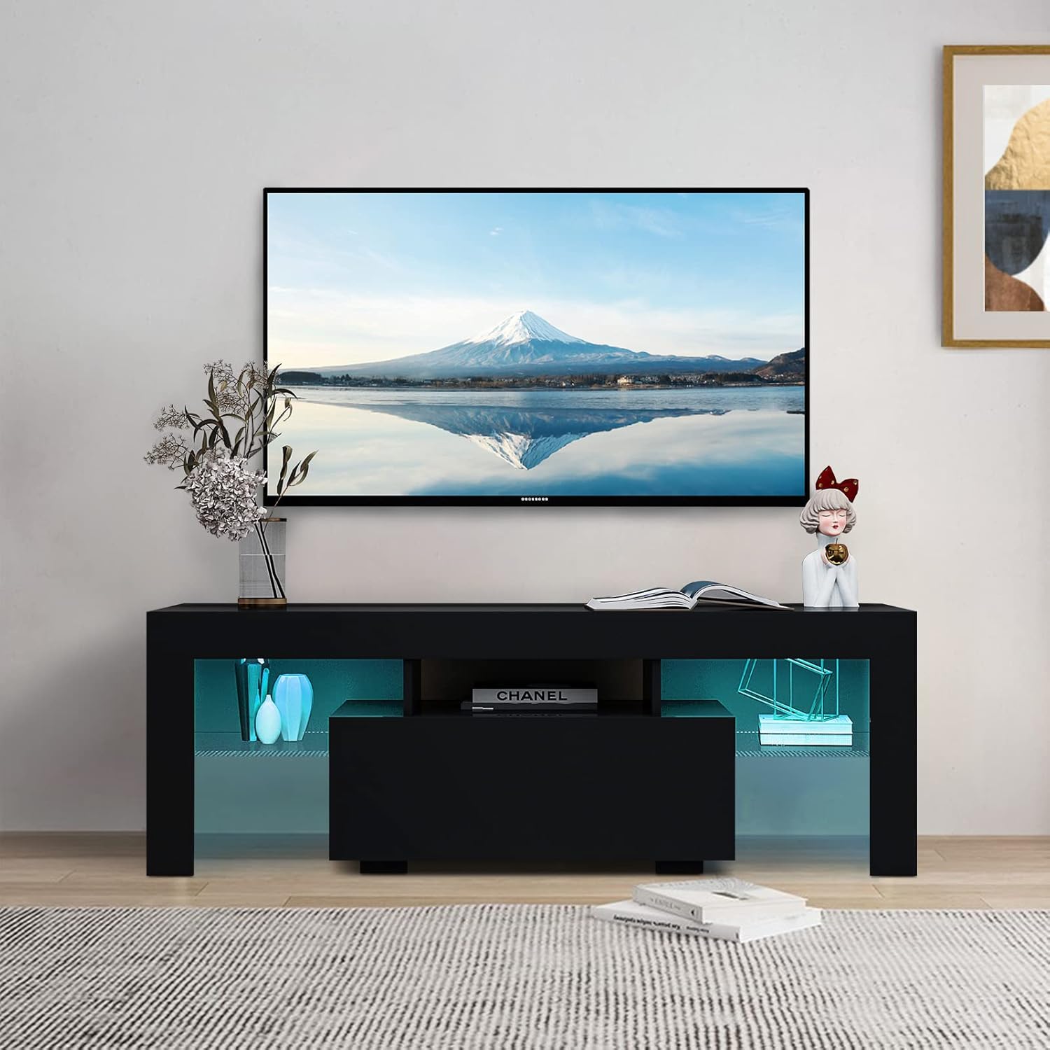 Black LED TV Stand Modern Entertainment Center for 65 Inch TV Wood TV Cabinet with Led Lights Television Stands with Storage Drawers for Living Room Bedroom Office