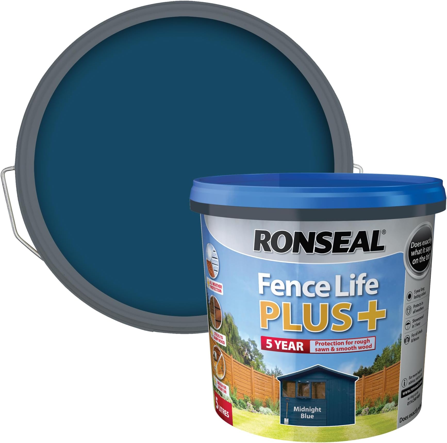 Fence Life Plus+ Midnight Blue 5L, 5 Year Long Lasting Protecion, All Weather Protection, Sticks to Damp Wood, Brush or Spray on, for All Sheds and Fences Also Showerproof in 1 Hour