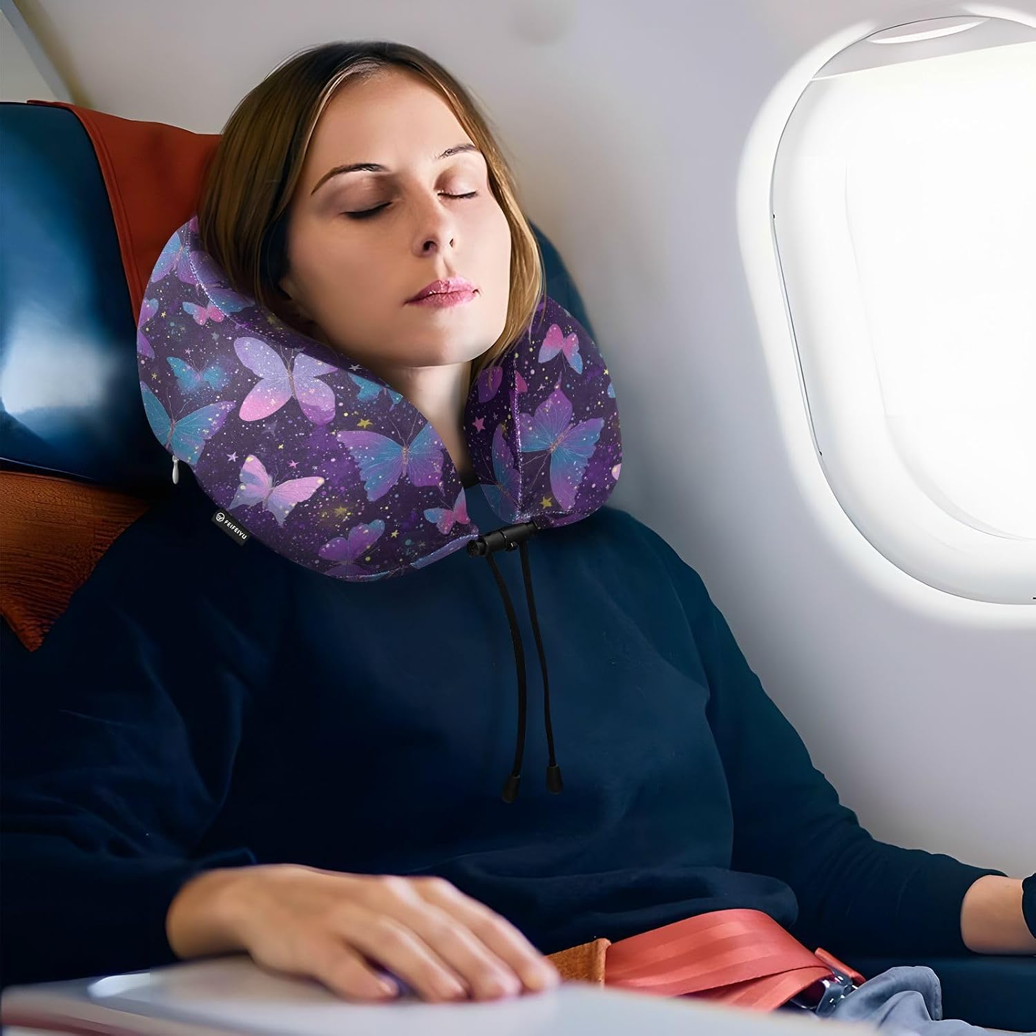 Wusikd Travel Pillow Colored Butterflies Memory Foam Purple Neck Pillow for Traveling Sleep, Long Flight Rest, Office Break, Airplane Car Head Shoulder Back Support image 5